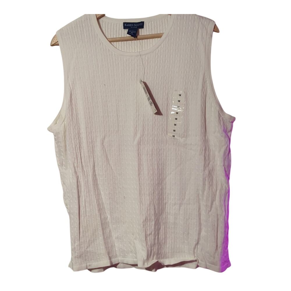 NWT Karen Scott 1X White 100% Cotton Cable Knit Sweater Vest [0098]